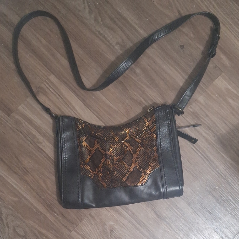 Frye Black Leather Crossbody Bag with Brown Snake-Print Accent